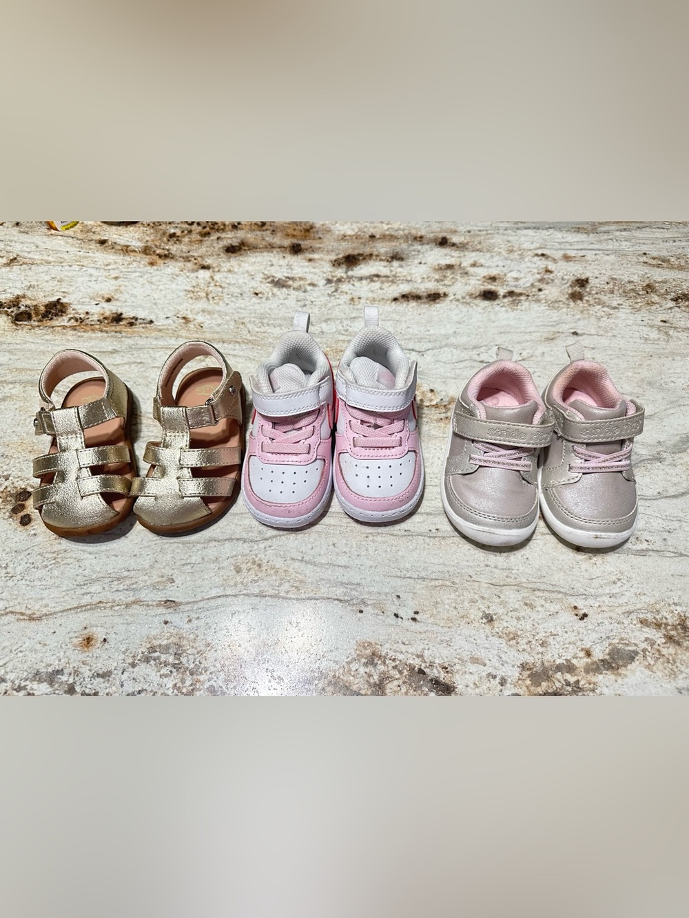Nike Toddler Shoe Trio in Pink, Gold, and Light Pink.  Price for all 3 pairs
